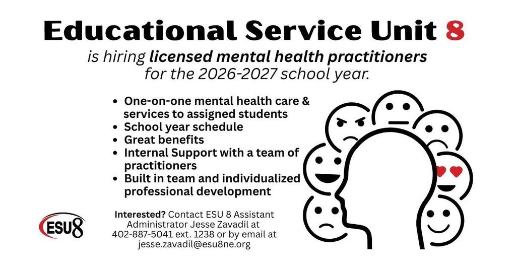 esu8's tweet photo. Educational Service Unit 8 is hiring licensed mental health practitioners for the 2026-2027 school year. For more information visit https://t.co/tgRtmBzTCM https://t.co/uaqcqbZ2cm
