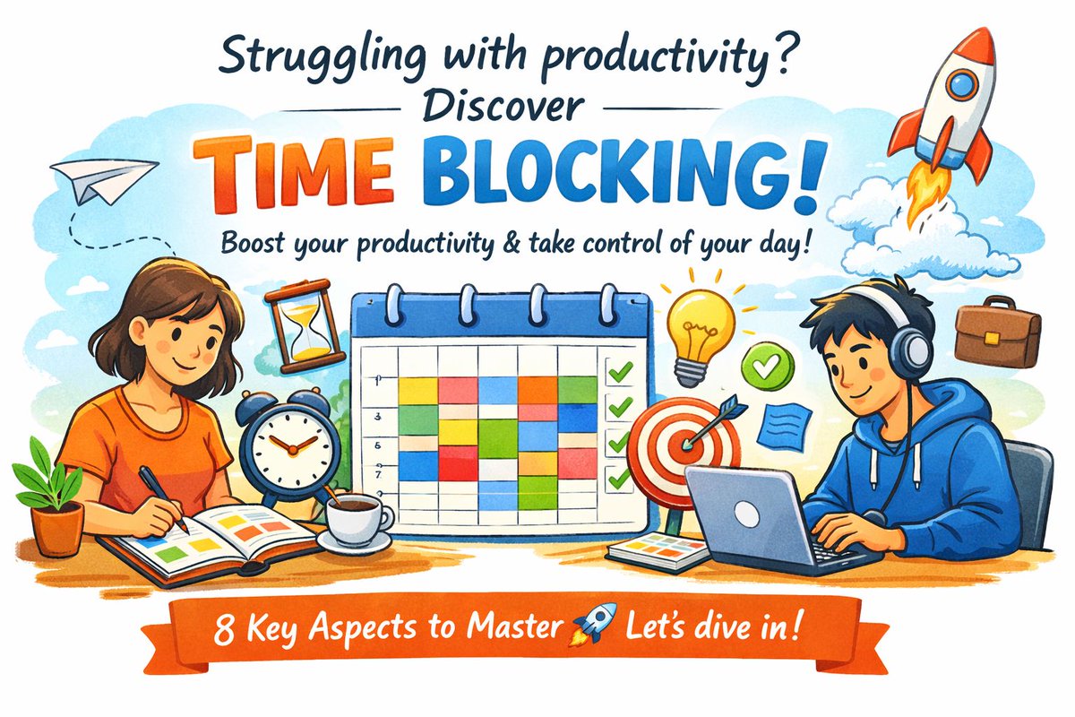 thesayannayak's tweet image. Are you struggling with productivity? Let me introduce you to Time Blocking, an effective technique to reclaim control over your day and boost productivity. In this thread, we'll explore 8 essential aspects of Time Blocking. Let's dive in! 🚀

#Productivity #TimeBlocking