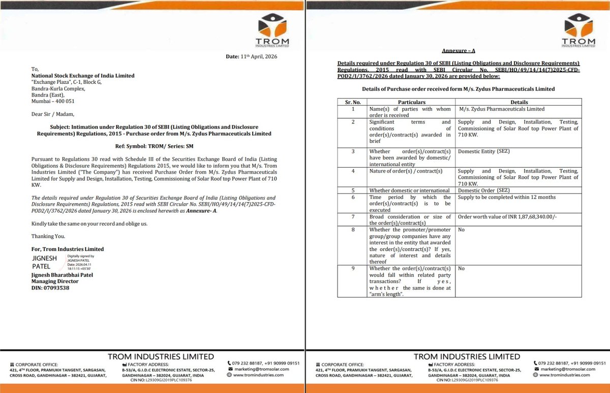 AvinashGoraksha's tweet image. Trom Industries Limited has received a domestic solar order worth ~₹1.88 crore from Zydus Pharmaceuticals Limited for a 710 kW solar rooftop power plant, to be executed within 12 months.

#TromIndustries #OrderWin #SolarEnergy
