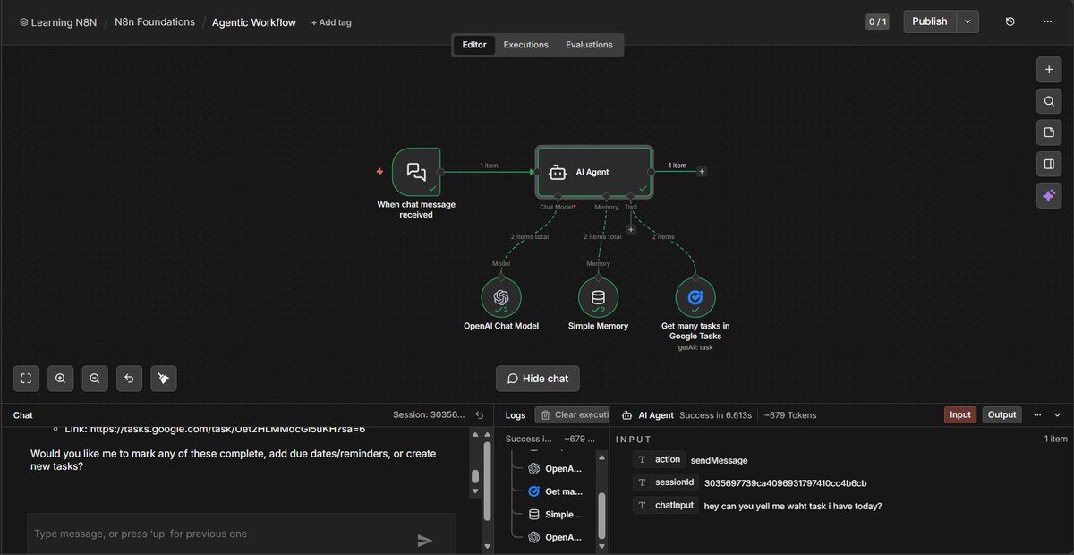 Tried something interesting today with n8n…

Instead of building another automation,
I built a small AI agent.
Now I just ask: “What are my tasks?”
And it fetches everything from Google Tasks.

#AIAgents  #n8n  #Buildinpublic