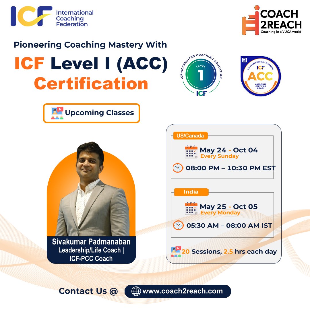 Coach2Reach's tweet image. &amp;lt;!--br {mso-data-placement:same-cell;}--&amp;gt;Caption: 🌟 ICF-ACC Certification Program
Associate Certified Coach

Start your professional coaching journey with a globally recognized credential from the International Coaching Federation (ICF).

#ICFACC #ICFCoaching