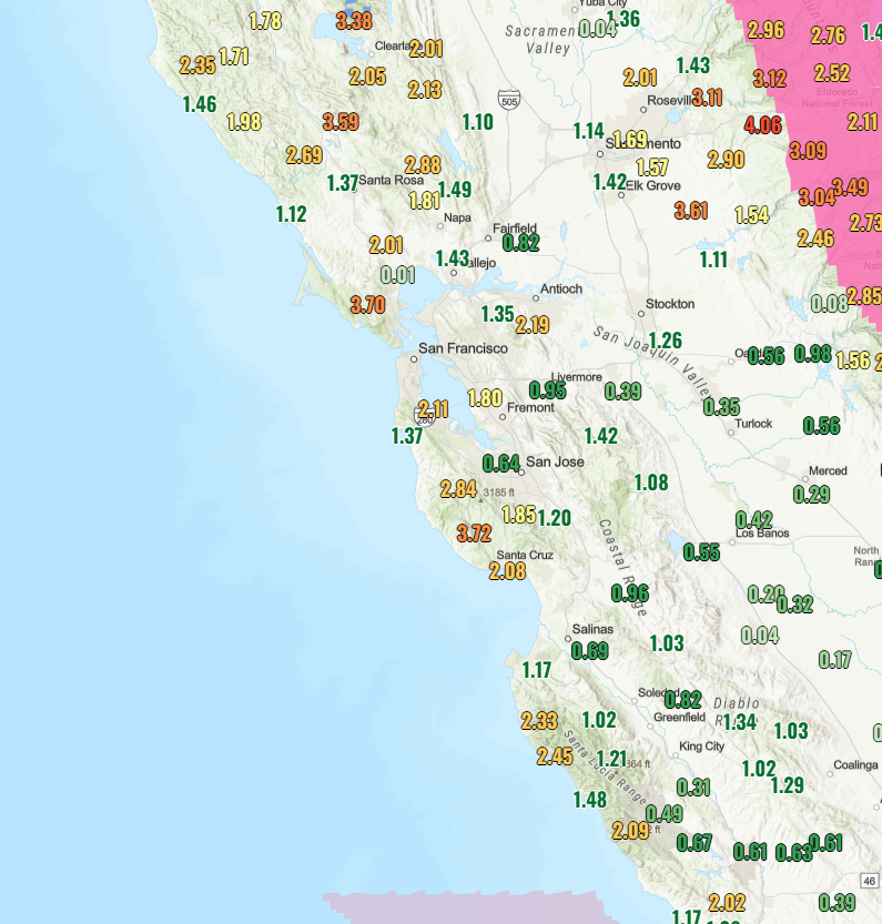 NWSBayArea's tweet photo. 🌧️Rain Total Update - This map shows rainfall totals over the past 72hr. We're fortunate to have seen this much rainfall as we shift farther into our dry season, will help fuels recover after the March heat wave. #CAwx #FireWx https://t.co/1wg5zgSoYv