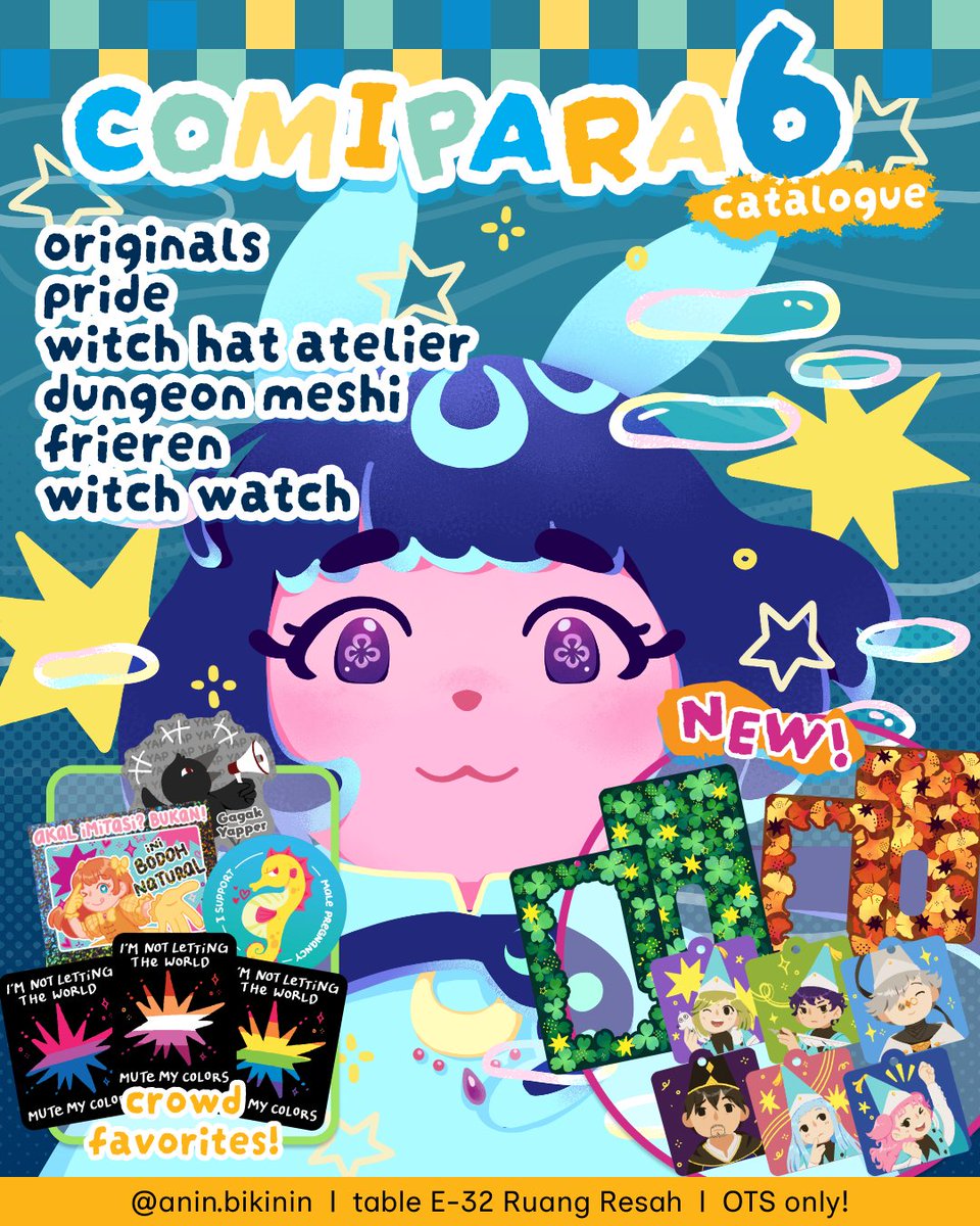 ✨ anin.bikinin's OTS catalogue for #COMIPARA6! ✨

💫 Originals, Pride, Witch Hat Atelier, Dungeon Meshi, Frieren, Witch Watch

📍Table E-32 Ruang Resah
🗓️ 18-19 April 2026
📦 Mail order PO open after event!

Details below 👇 

#cmpr6 #comipara6catalogue
