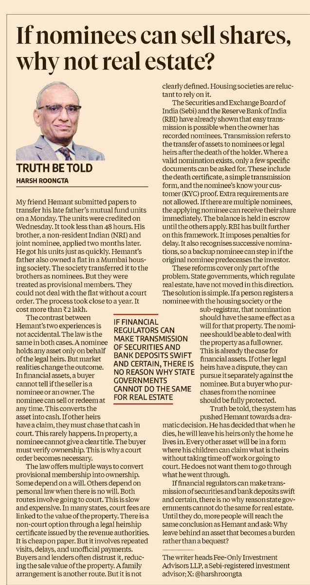 𝐈𝐟 𝐍𝐨𝐦𝐢𝐧𝐞𝐞𝐬 𝐂𝐚𝐧 𝐒𝐞𝐥𝐥 𝐒𝐡𝐚𝐫𝐞𝐬, 𝐖𝐡𝐲 𝐍𝐨𝐭 𝐅𝐥𝐚𝐭𝐬?

Most people assume that passing on assets to heirs is a legal issue. It is not. It is a design issue.

In India today, a nominee can inherit mutual funds or shares within days of the holder’s death and