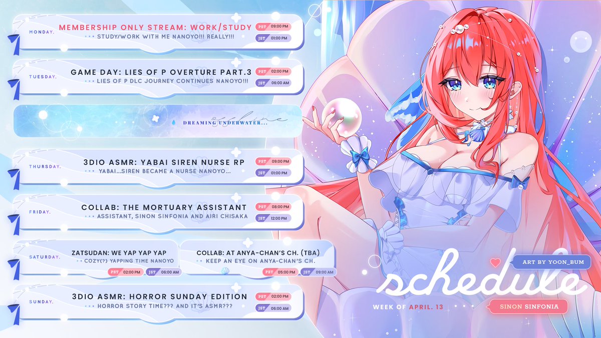 SinonSinfonia's tweet photo. 04/13/26 - 04/19/26 WEEK SCHEDULE!!! 🐚🫧
Excited to spend another amazing week with you Nanobro! We also have exciting collabs coming up as well nanoyo!!!
Fan Art: #SinonArt
Livestream/Clips: #SinonLive
General: #SinonDiary
NSFW: #SinfulSinon https://t.co/euwMtH4pjp