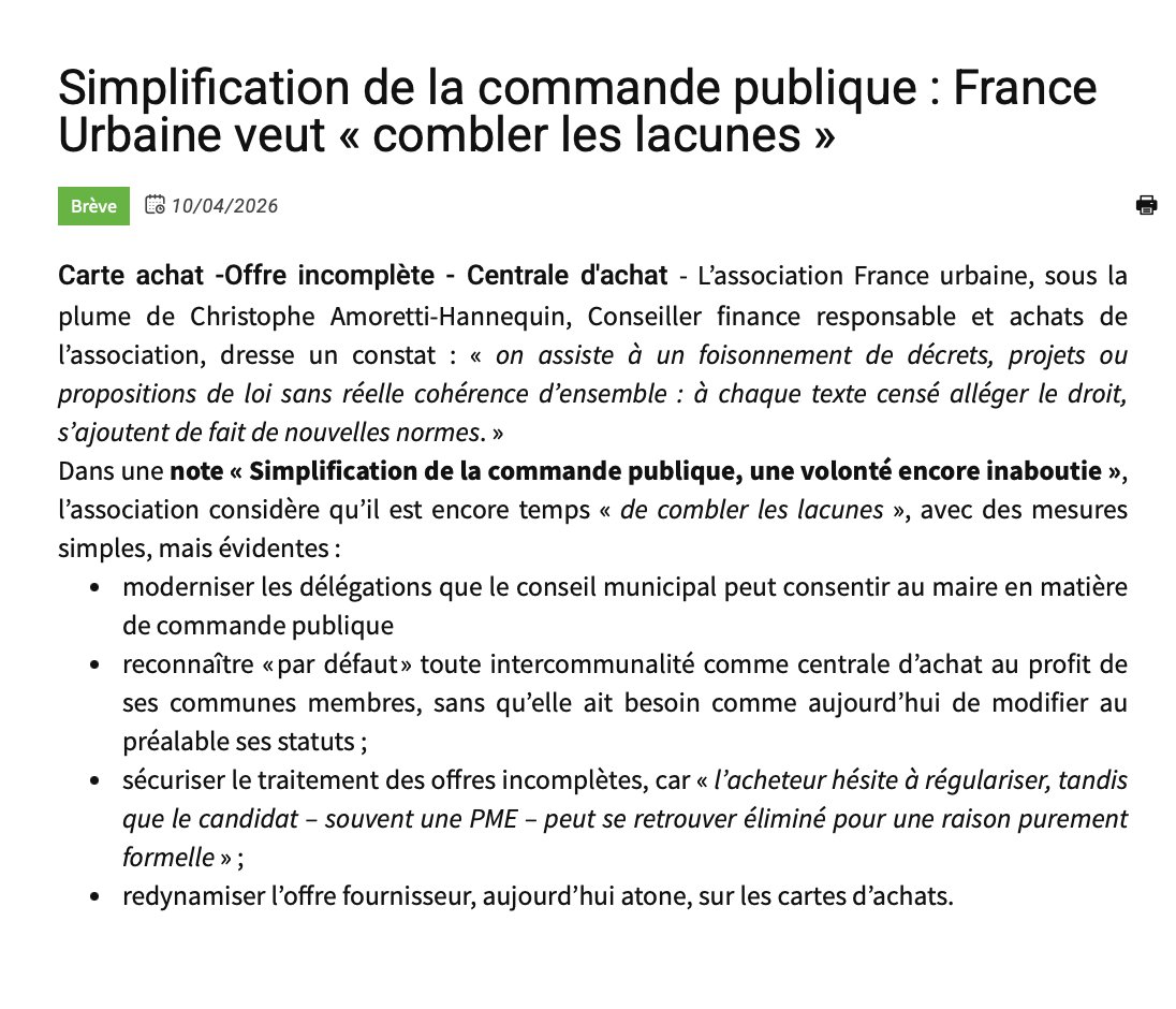 achatpublicinfo's tweet image. 📰 A lire ou à relire #CommandePublique : #Simplification de la commande publique, France urbaine veut "combler les lacunes"... #AchatsPublics #MarchésPublics achatpublic.info/actualites/bre…