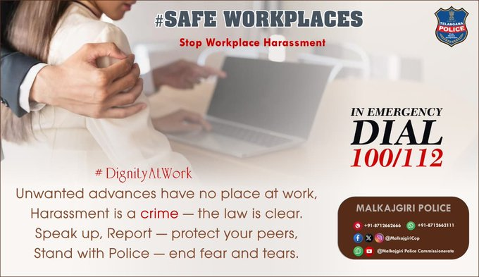 dcpmalkajgiri's tweet image. SAFE WORKPLACES  
Stop Workplace Harassment 

#DignityAtWork #MalkajgiriPolice 

@MalkajgiriCop