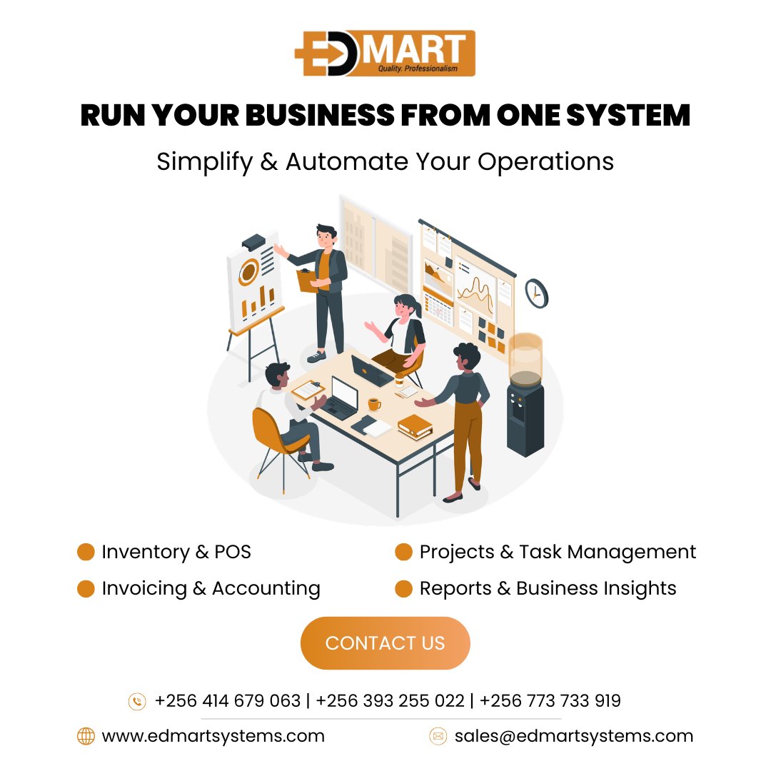 EdmartSystems's tweet photo. Simplify and manage your entire business from one powerful system. 💼 Edmart Systems offers smart solutions for inventory, invoicing, accounting, and task management to help you operate more efficiently.

Save time, reduce errors, and gain better insights into your business performance with an all-in-one platform.

Get in touch with us:
🌐 https://t.co/sObAWmKulh
📧 sales@edmartsystems.com
📞 +256 414 679 063 | +256 393 255 022 | +256 773 733 919