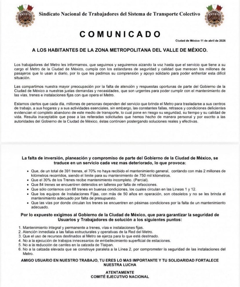 Este lunes, la movilidad será complicada. 
🚇 Operación estimada:
•Líneas 1, 2, 3, 7, 8, 9, B y 12 → aprox. 10 trenes
•Líneas 4, 5, 6 y A → aprox. 6 trenes
⏱️ Intervalos de hasta 20 minutos entre trenes.