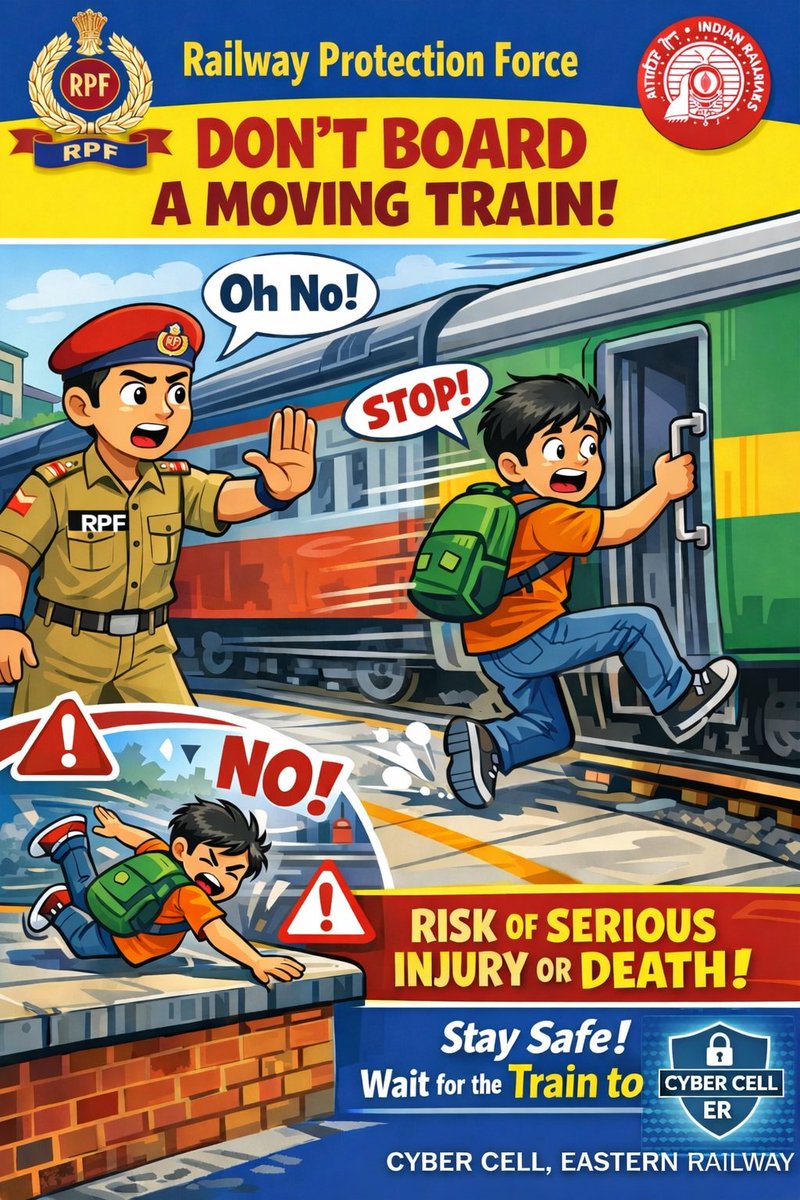 ErRpf's tweet image. Don’t risk your life—never board a moving train! Safety first: Wait for the train to stop. चलती ट्रेन में चढ़ना जानलेवा है! सुरक्षा पहले—ट्रेन रुकने पर ही चढ़ें। চলন্ত ট্রেনে ওঠা প্রাণঘাতী! নিরাপত্তা আগে—ট্রেন থামলে তবেই উঠুন।
#PassengerSafety #Awareness
@RPF_INDIA
@RailMinIndia