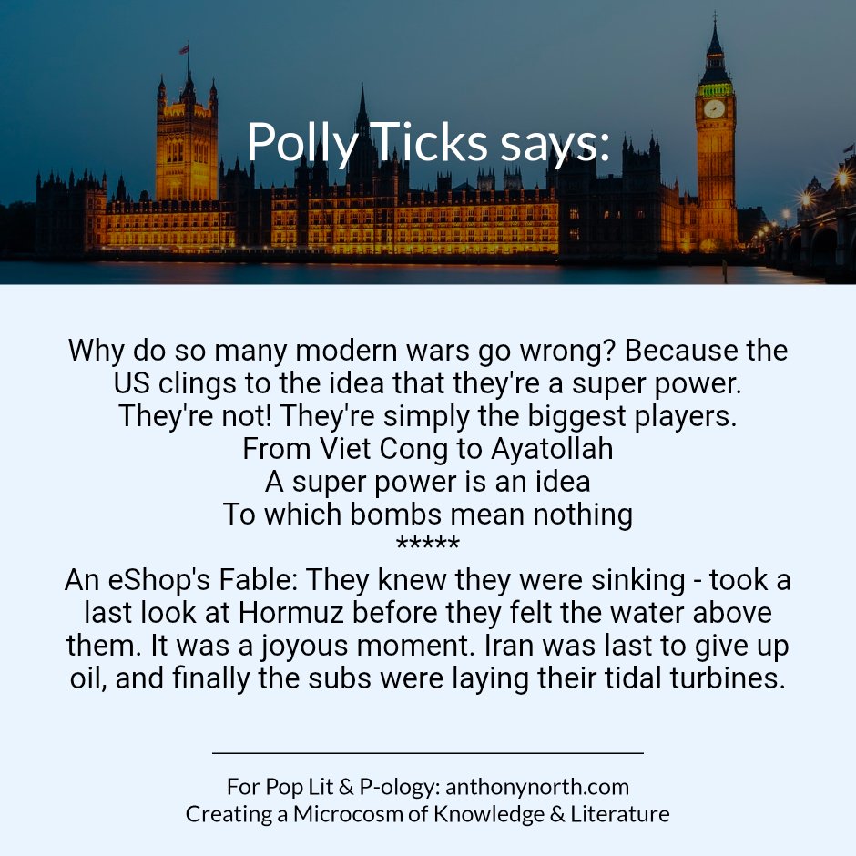 EyeOntheWorld7's tweet image. #r4today #GMB #vss365 #haiku
Vietnam Afghanistan Iraq Iran
History can give you
That #sink feeling
My Essays Page:
anthonynorth.com/essays
53 eBooks on Profile - Fiction Poetry Horror Sci Fi Crime Romance Green Politics History Paranormal