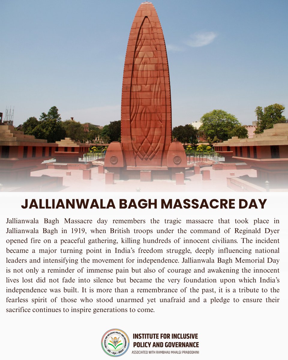 IIPG_RMP's tweet photo. Jallianwala Bagh is not just a place in history, but a reminder of the resilience that defines a nation. The tragedy of 1919 shook the conscience of India, bringing people together with a shared vision of freedom and justice. https://t.co/UtQW1iN4Um