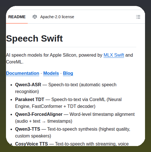 tom_doerr's tweet image. Apple Silicon speech models with MLX Swift and CoreML

github.com/soniqo/speech-…