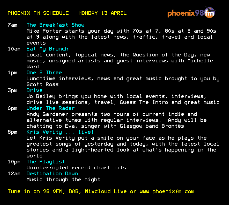 phoenixfm's tweet photo. Today's schedule on Phoenix FM - #communityradio for #Brentwood and #Billericay

@luckybitches @scottrossradio @jobaileymusic1 @overtimer @krisverity 

Tune in on 98.0FM, DAB, Mixcloud Live or on our website! https://t.co/5SyD2RGARB