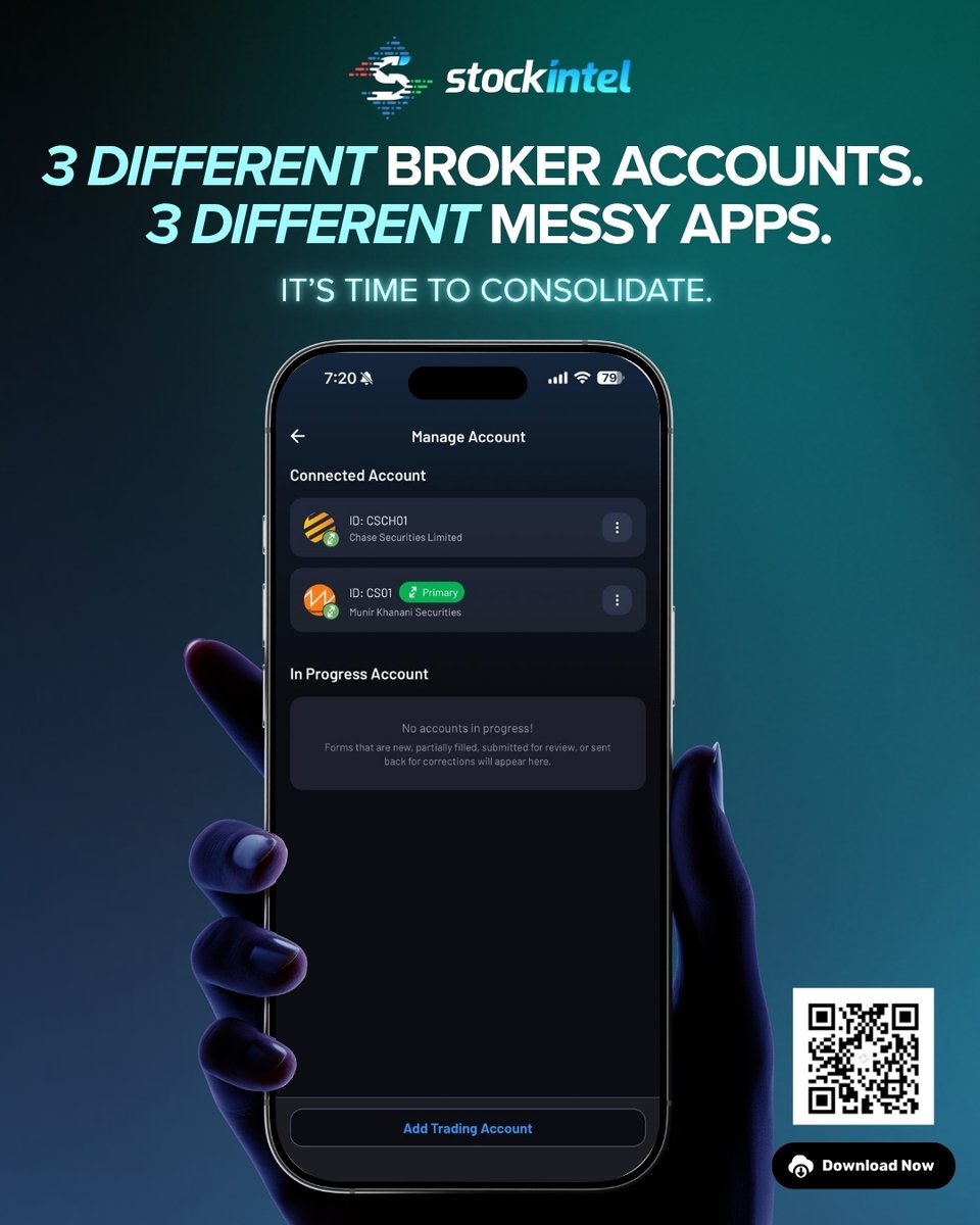 stock_intel's tweet photo. Why juggle apps when you can have it all in one terminal? 🤔📉

StockIntel gives you a unified view of all your PSX portfolios and lets you trade seamlessly across multiple brokers.

Speaking of brokers... a new one is joining the lineup! 🚨 Guess the THIRD broker going live this week in the comments! 💬🔮

📲 Download StockIntel now:
🍎 iOS: https://t.co/Be6IrQaMHI
🤖 Android: https://t.co/3YIDoZPuWn

#KSE100 #Pakistan #fintech #trading