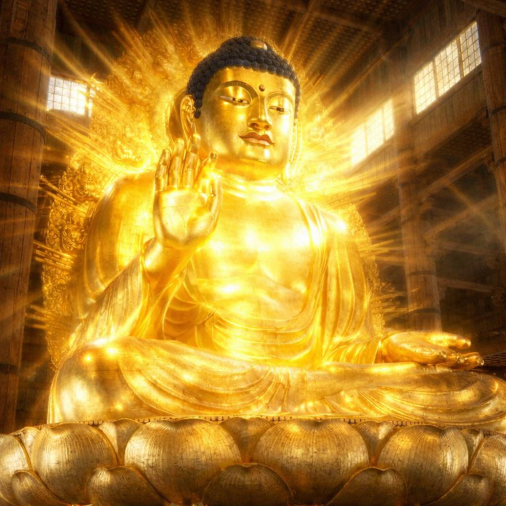 752年に完成した焼失前の東大寺盧舎那仏像（奈良の大仏）は、現在の緑