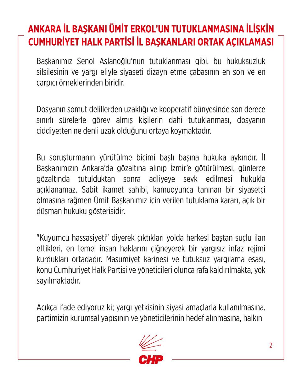 chpmersinilb's tweet photo. “Ankara İl Başkanımız Ümit Erkol yalnız değildir. Cumhuriyet Halk Partisi’nin örgütü, kadroları ve milyonlarca yurttaş bu hukuksuzluğun dimdik karşısındadır.” https://t.co/mYVPVYgHZS