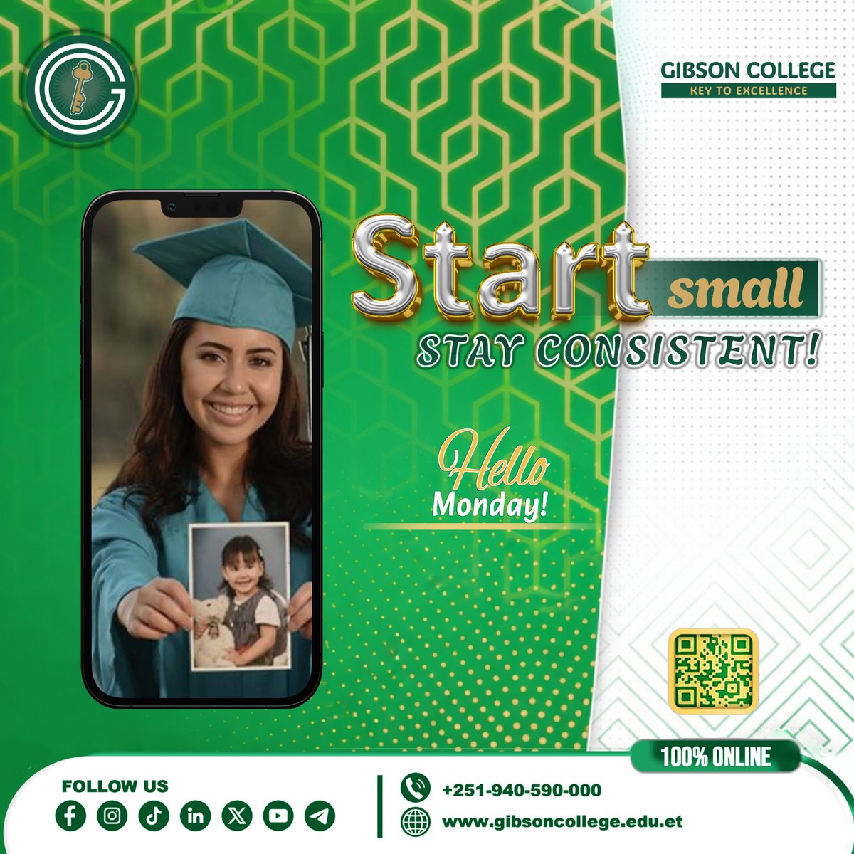 ✨Happy Monday! ❇️
💻 Consistency wins. 💪
  🎓 Gibson College – Key to excellence!
At Gibson College, every step moves you closer to success.
Enroll Now and Own Your Tomorrow.
 gibsoncollege.edu.et 
📞 +251940590000