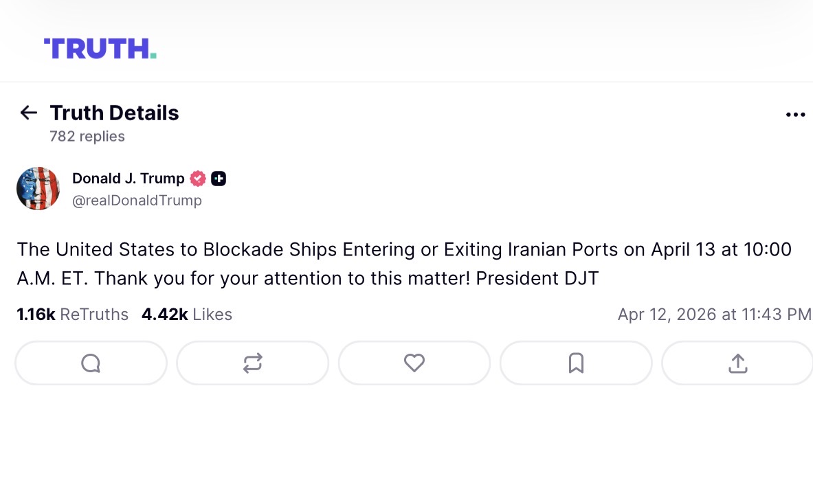 Osint613's tweet image. U.S. President Donald Trump:

"The United States to Blockade Ships Entering or Exiting Iranian Ports on April 13 at 10:00 A.M. ET. Thank you for your attention to this matter!"

Contributed by @AZ_Intel_.