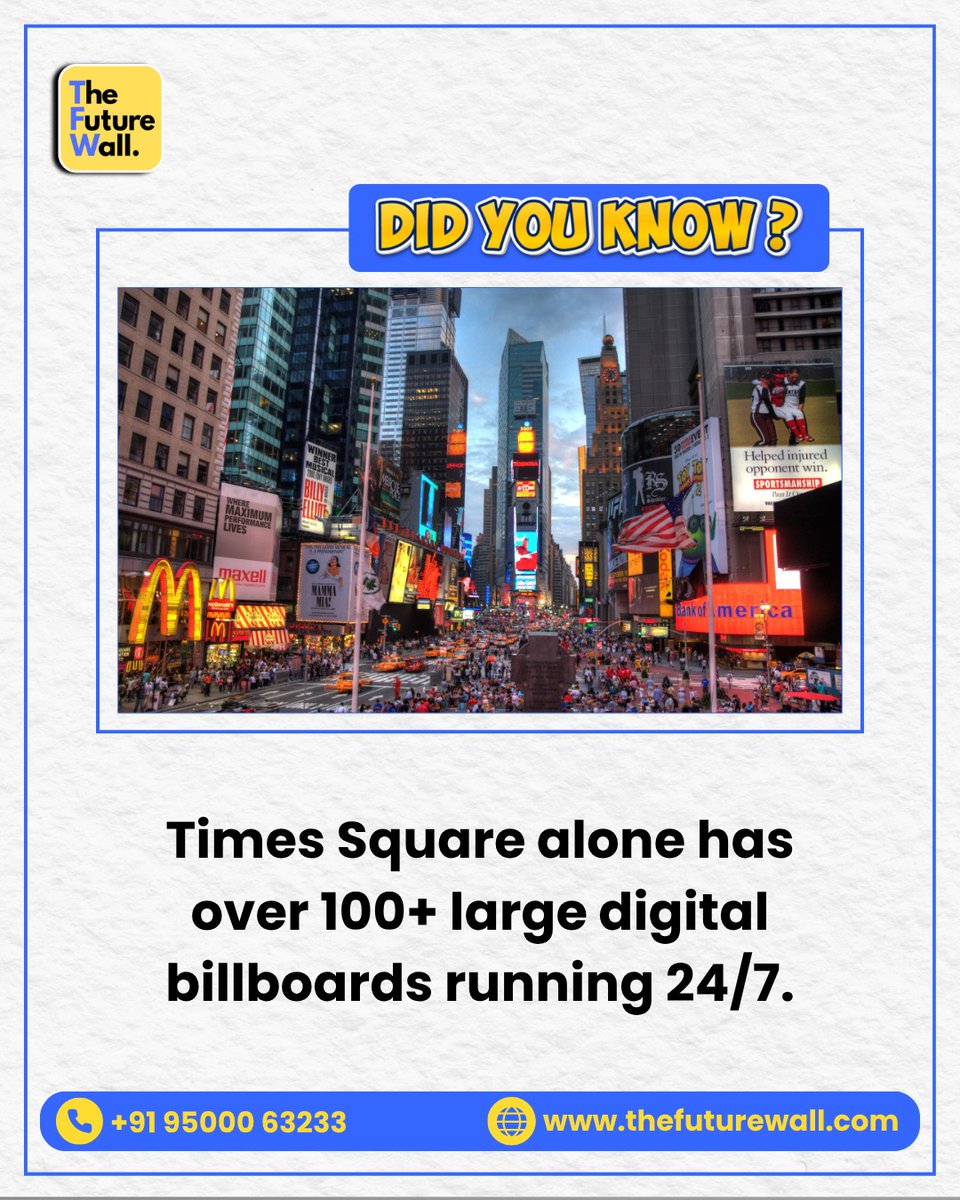 The_FutureWall's tweet image. Did you know? 🌆

Times Square alone features 100+ massive digital billboards running 24/7 — capturing attention, influencing decisions, and driving real business results every second.

#DigitalMarketing #DigitalDisplay #LEDDisplay #RetailMarketing #BrandVisibility #DOOH