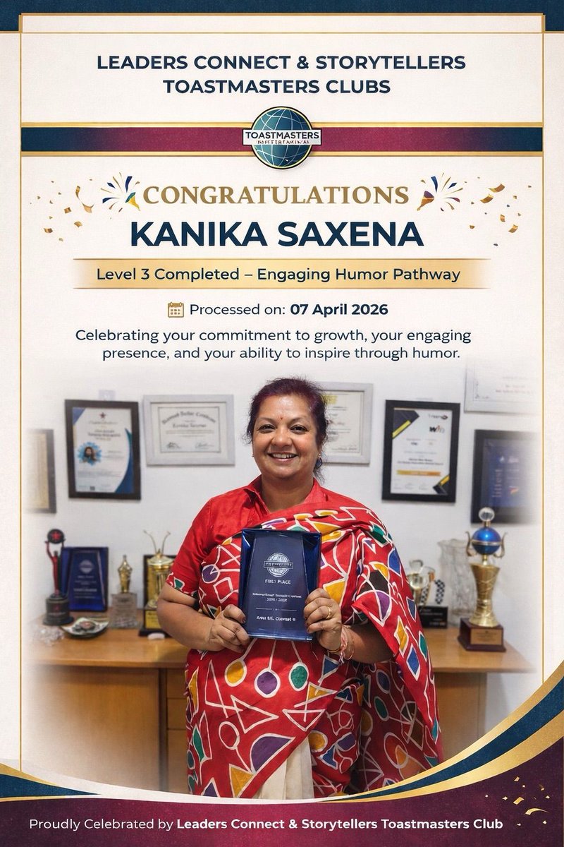 KANIKASAXENA3's tweet image. Finally completed Level 3 of my pathway Engaging Humor in Toastmasters!
It has been a wonderful journey and hope it continues to be!😊

#kanikasaxenawrites #Author #toastmaster #ToastmastersInternational #speaker #ToastmastersClub