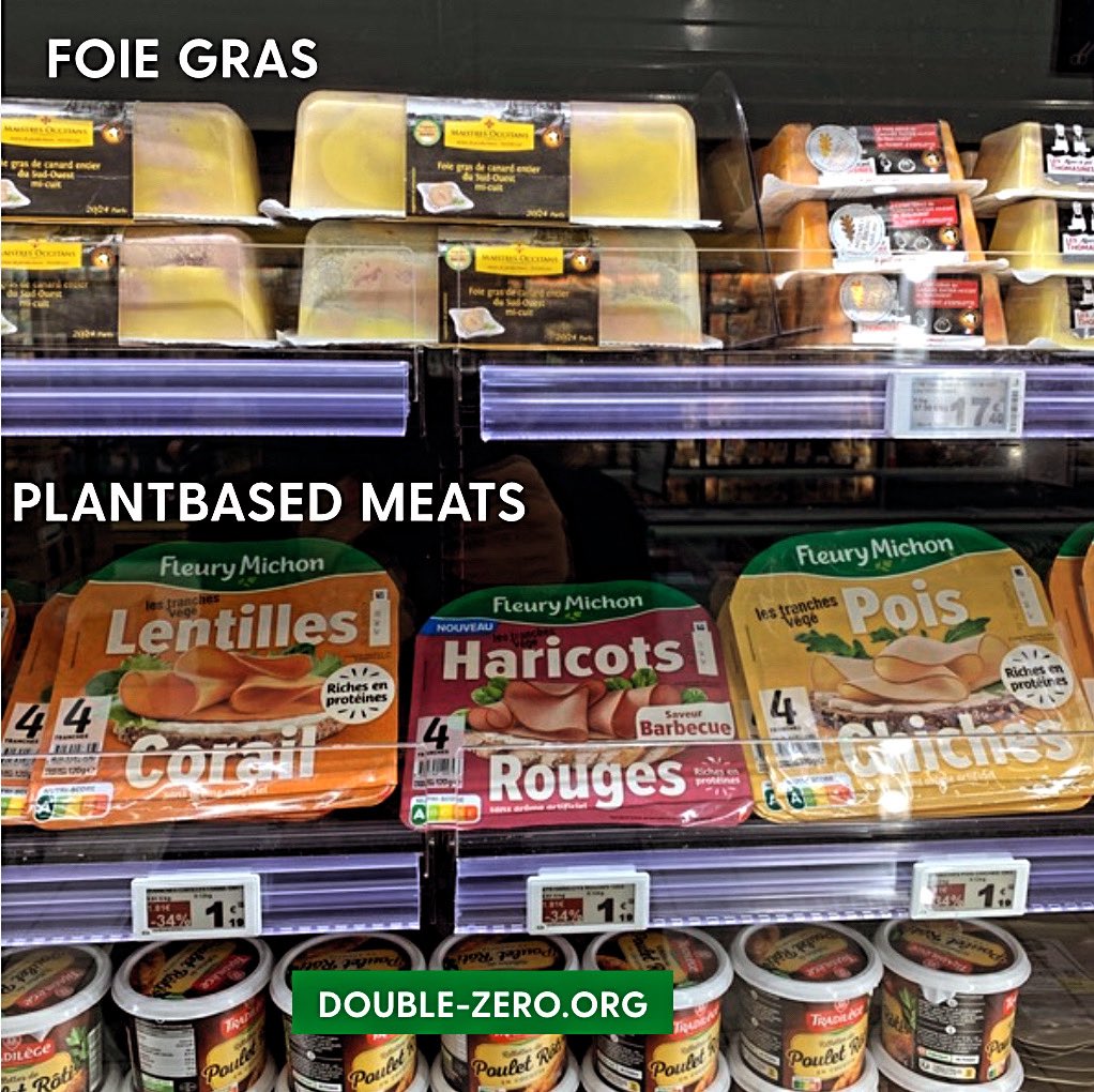 doublezero100's tweet photo. Only in France 🇫🇷 It’s interesting to watch the plant-based movement evolve.
Ultra-processed plant-based offerings below foie gras in the local supermarket.
Foie gras is one of the cruelest (so much so that several countries have banned it) types of animal agriculture. 
Progress? https://t.co/X1mAqF0thl