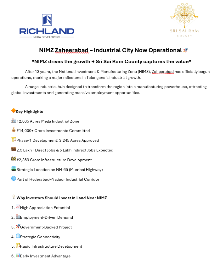 AkulaNaidu7's tweet photo. NIMZ Zaheerabad – Industrial City Now Operational 📷

After 13 years, the National Investment &amp; Manufacturing Zone (NIMZ) has officially begun operations, marking a major milestone in Telangana’s industrial growth.
#realestateagent #NIMZ #investmentopportunity #FuturePlanning https://t.co/HlCXCDLMOJ