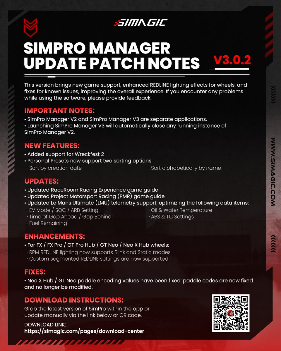 SimagicOfficial's tweet image. 🚗SimPro Manager V3.0.2 is live! 🏎️

Featuring new game support, enhanced REDLINE wheel lighting, and key bug fixes. 

Update now for a better sim racing experience.
#simagic #simracing #simracingsetup #Simpro #update #LeMansUltimate #ProjectMotorsportRacing