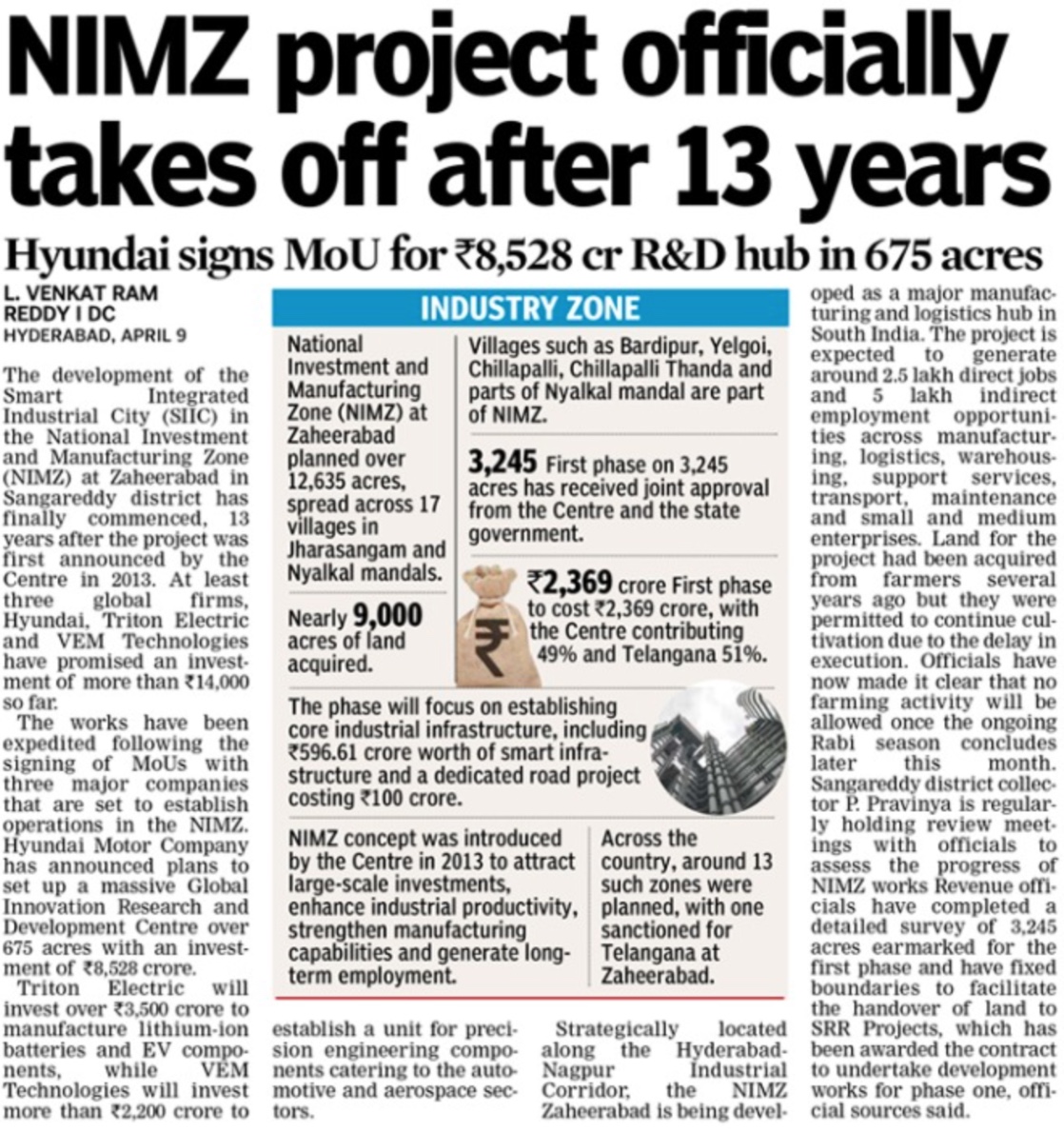 AkulaNaidu7's tweet photo. NIMZ Zaheerabad – Industrial City Now Operational 📷

After 13 years, the National Investment &amp; Manufacturing Zone (NIMZ) has officially begun operations, marking a major milestone in Telangana’s industrial growth.
#realestateagent #NIMZ #investmentopportunity #FuturePlanning https://t.co/HlCXCDLMOJ