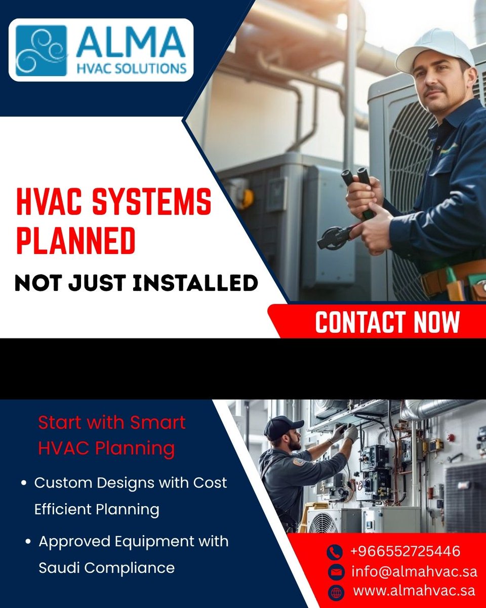 alma_hvac's tweet image. HVAC Systems Planned, Not Just Installed
At ALMA HVAC Solutions, we offer smart, custom HVAC planning tailored to your needs!
📱 +966552725446

🌐 almahvac.sa
#HVACSystems #SmartPlanning #HVACDesign #CostEfficient #SaudiCompliance #AlmaHVAC #ReliableHVAC