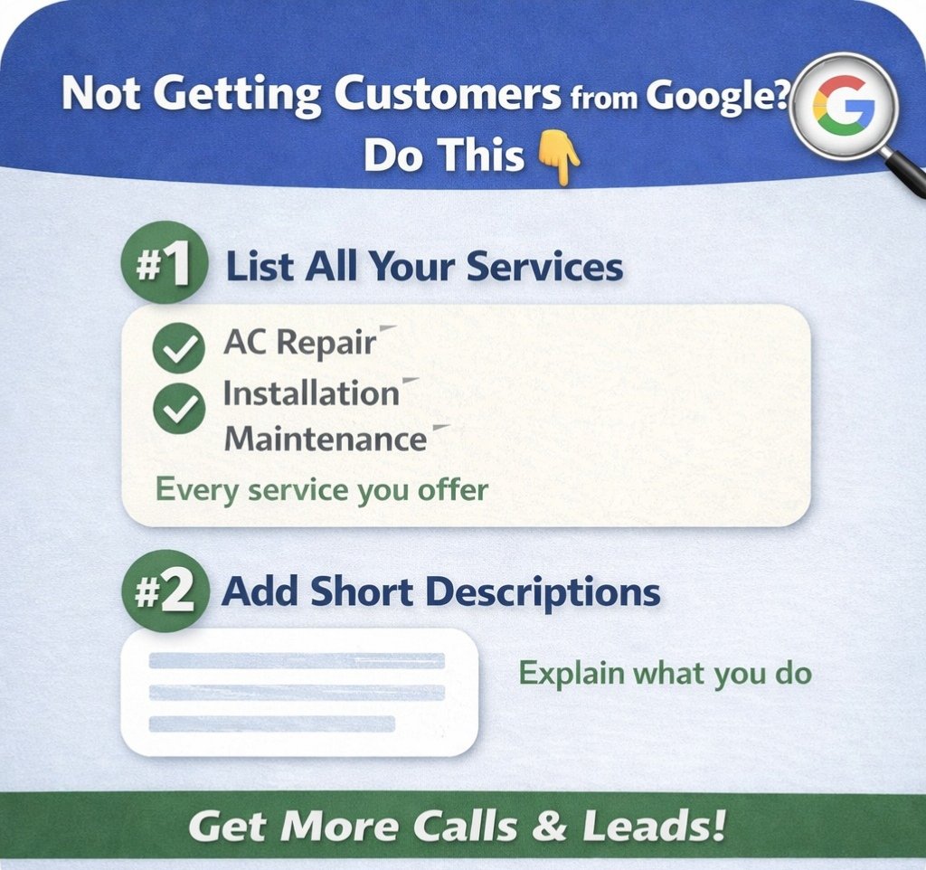 Nida1122334455's tweet image. 🚀 Not getting customers from Google?

You might be missing this 👇

✅ List all your services
✍️ Add short descriptions

If it’s not listed, you won’t show up.

#LocalSEO #GoogleBusiness #SEOTips