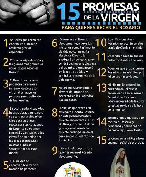 15 promesas de la Santísima Virgen María para quienes recen el Santo  Rosario