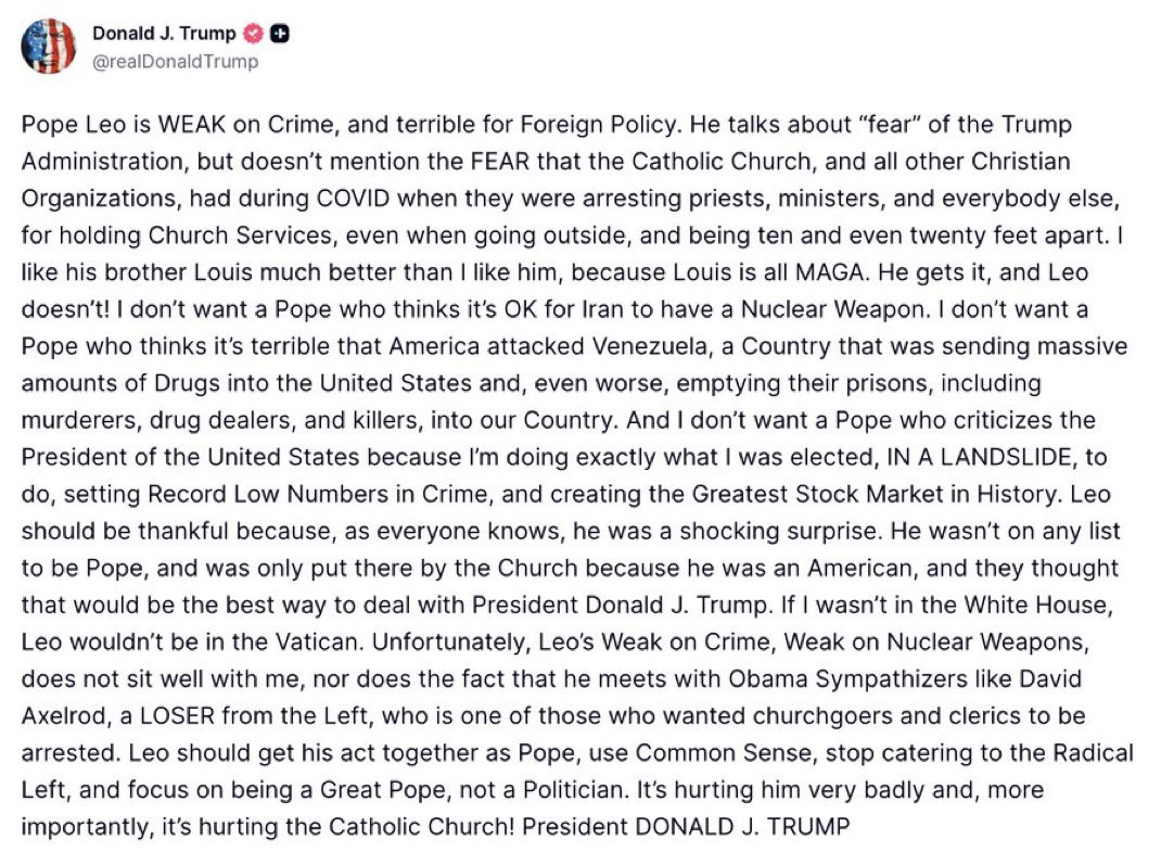 MiddleEast_24's tweet image. Trump released a lengthy statement addressing his relationship with Pope Leo, criticizing him as weak on crime and weak on foreign policy.