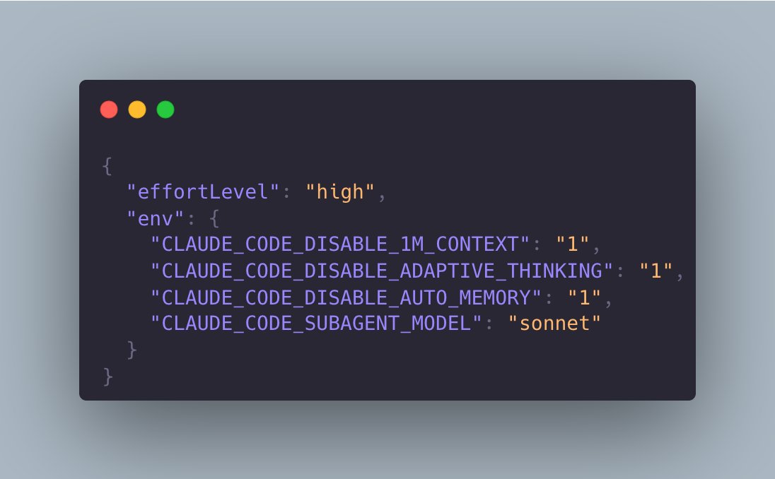kunchenguid's tweet image. for folks who feel their Claude Code got nerfed, here's what I've set in my ~/.claude/settings.json to make my CC's behavior more stable. snippet and explanation in thread below -