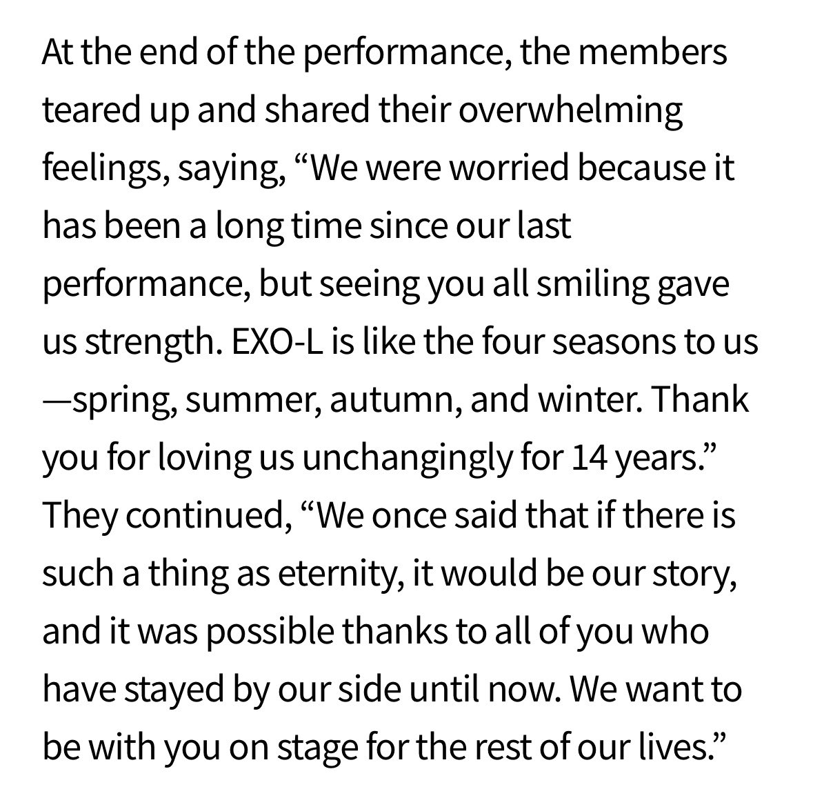 kaidiction's tweet photo. exo’s words from exhorizon are so special 🤍

“we once said that if there is such a thing as eternity, it would be our story, and it was possible thanks to all of you who have stayed by our side until now. we want to be with you on stage for the rest of our lives." https://t.co/a002x3yFj0