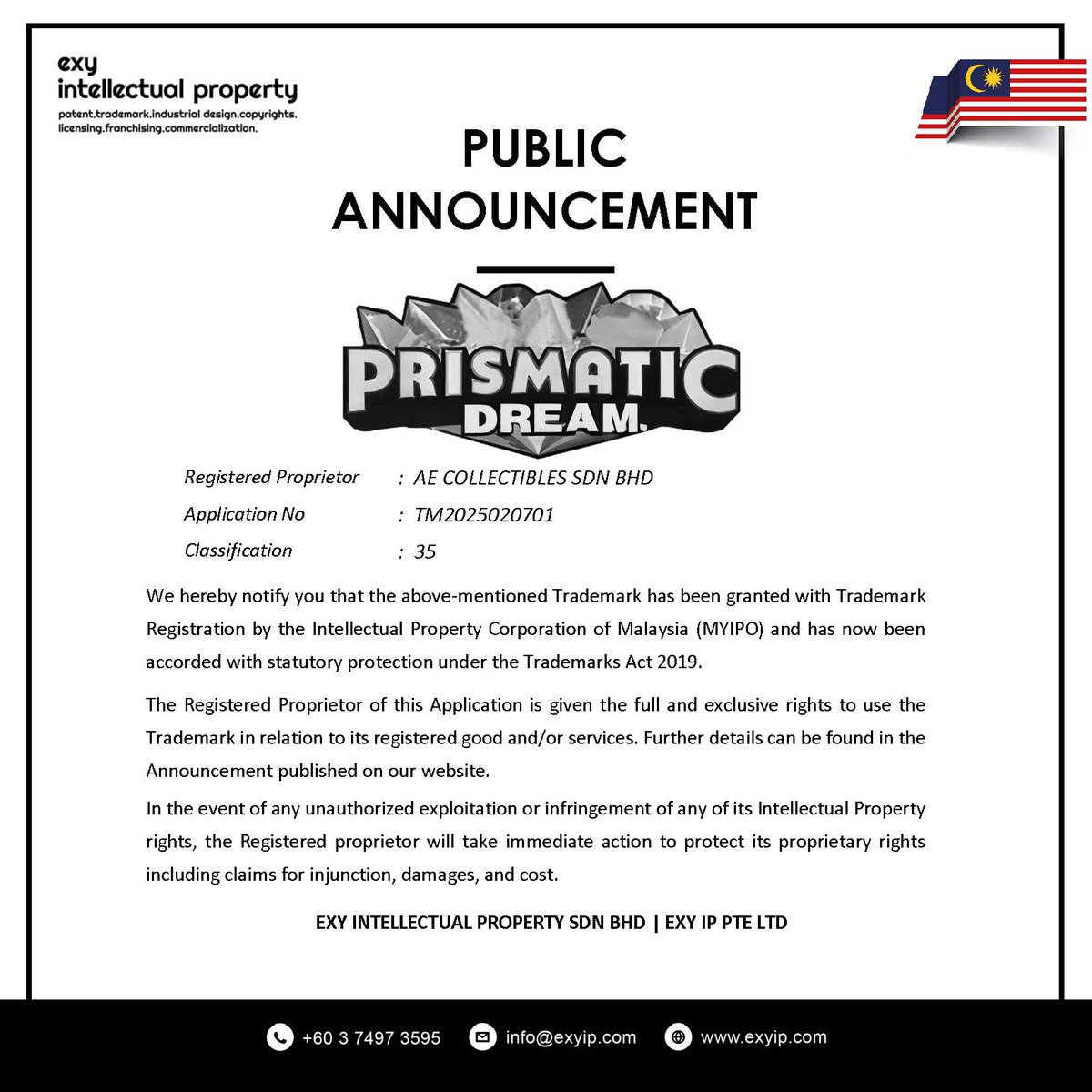 exyip's tweet image. We are very much pleased to inform you that the mentioned Trademark had been successfully granted with Trademark Registration.

Congratulations AE COLLECTIBLES🎉

#ExyIP #Trademark #intellectualproperty