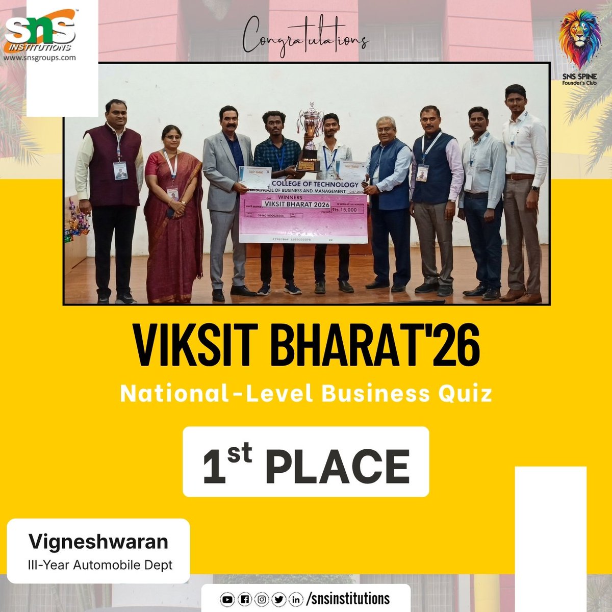 snsinstitutions's tweet image. Kudos to SNSCT III-Year Auto student Vigneshwaran A for winning 1st place at VIKSIT BHARAT 26 Business Quiz, securing ₹15,000 among 175+ teams!

#SNSInstitutions #ViksitBharat26 #BusinessQuiz #Achievement