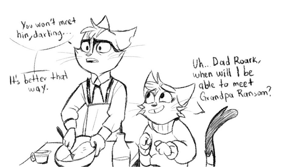 From what I know of Rocky's lore, his mother died when he was a kitten and his father abandoned him afterwards. So, Rocky's parents are away, but Isaac insists on meeting Grandpa Ransom...
#lackadaisy #lackadaisycats #hellerby