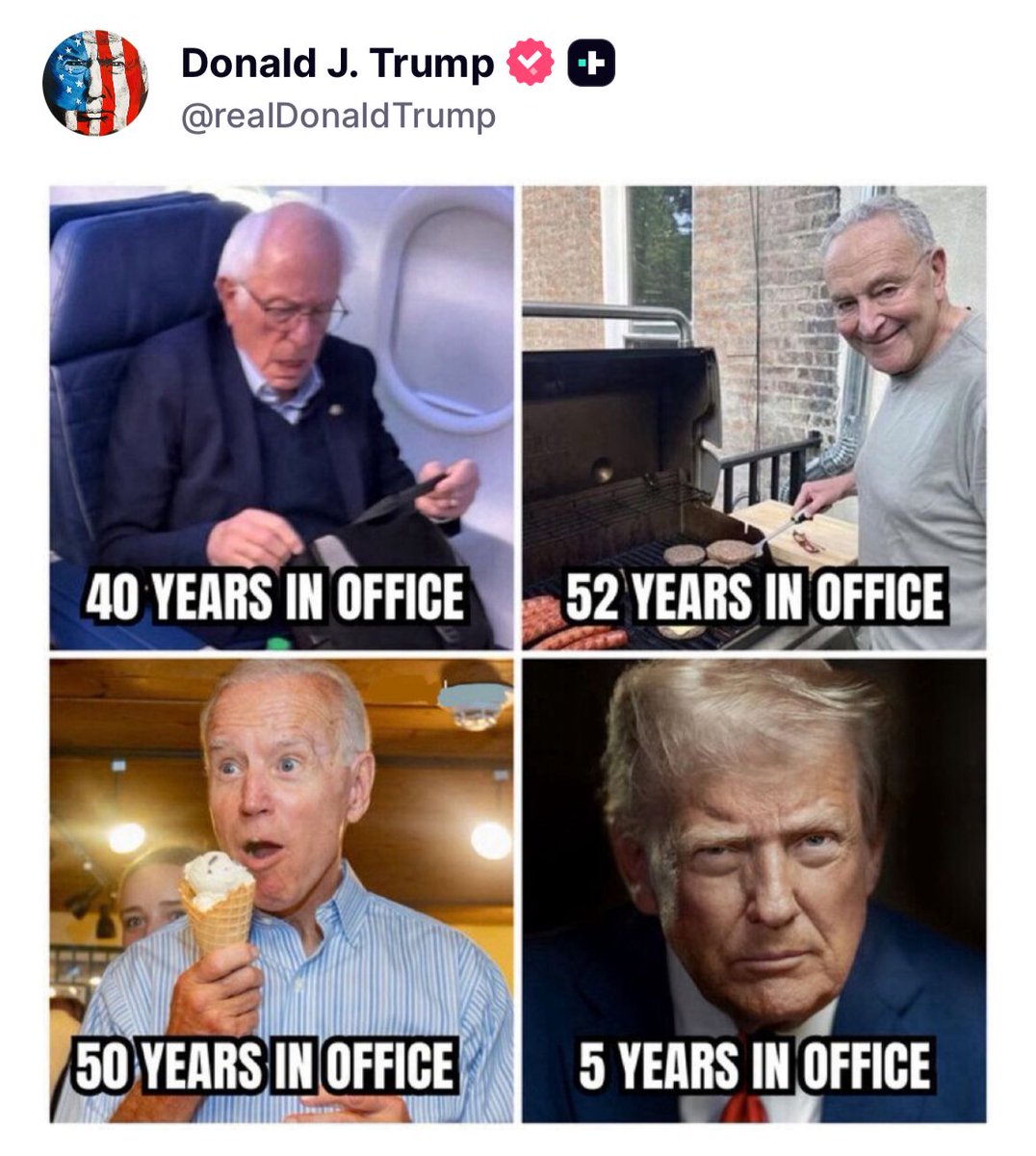 MarioNawfal's tweet image. 🇺🇸 Trump spent his Sunday posting himself as Jesus, a Moon tower, and now this

A meme where Bernie is on a plane looking lost, Schumer is grilling burgers like a retiree, Biden has an ice cream lol, and Trump is looking at the camera like he won.

5 years vs 50. The contrast