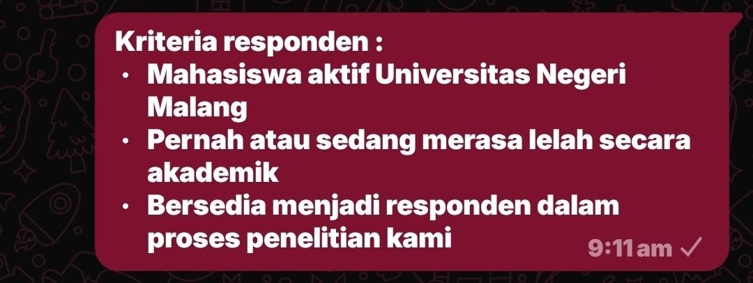 haloo, temen-temen um!
ada yang pernah/sedang merasa mulai kehilangan minat &amp; menjauh dari aktivitas akademik?
saat ini aku lagi ngelakuin penelitian soal academic burnout, temen-temen yang tertarik untuk bantu aku isi kuesioner, linknya aku drop di bawah yaa, tia!