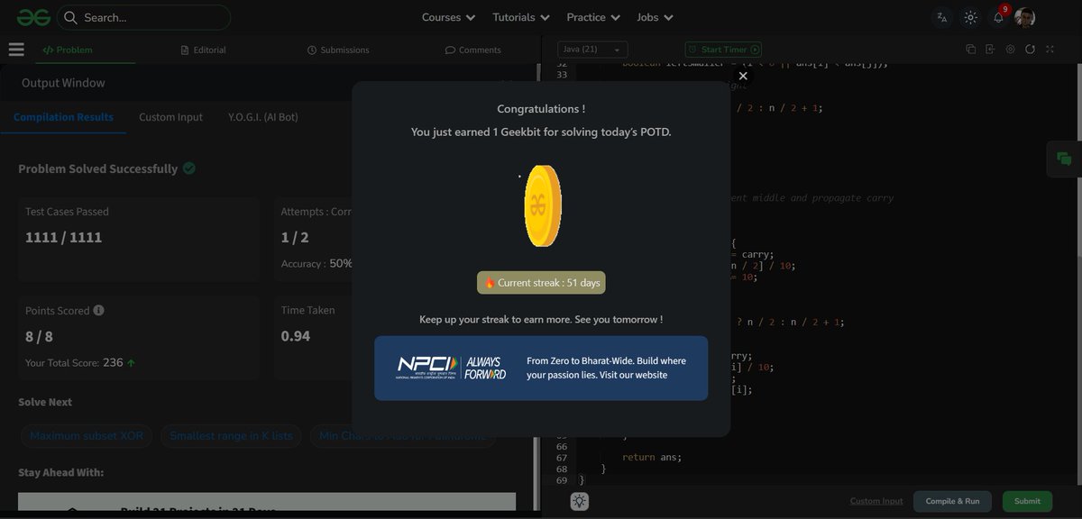 krishgtr214's tweet photo. Day51/60                                       
Solved today’s #ProblemOfTheDay –  Next Smallest Palindrome
@geeksforgeeks
and earned my 99th  Geekbit!    
ID - krishgzzfn

@NPCI_NPCI
One More POTD Solved... 
#geekstreak60 #npci https://t.co/jxOjiYlphT