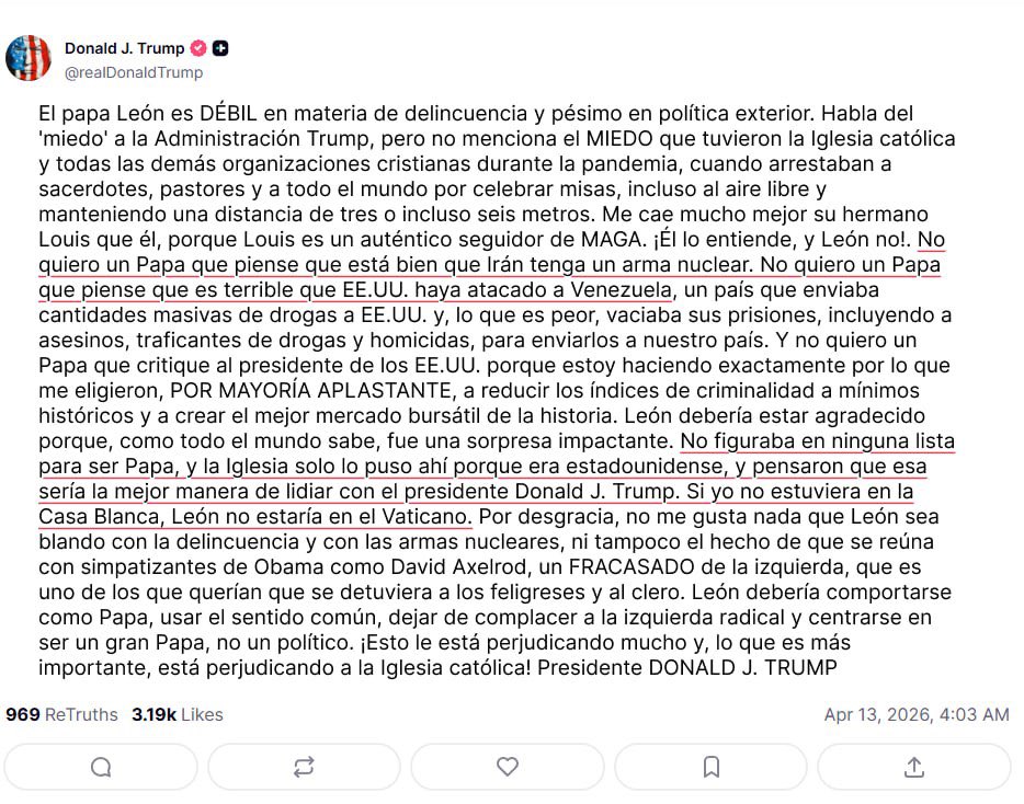 berikmar1's tweet photo. Resulta paradójica la reciente arremetida del presidente de los Estados Unidos contra el Papa, especialmente por los argumentos esgrimidos para justificar las hostilidades hacia Venezuela. Sostiene que nuestro país representa una amenaza debido al tráfico de drogas y a un supuesto "vaciado de cárceles"; sin embargo, esta narrativa colisiona frontalmente con sus propias decisiones políticas, como el reciente indulto al expresidente hondureño Juan Orlando Hernández, quien cumplía una condena de 45 años precisamente por narcotráfico.

Esta doble moral invita a una reflexión necesaria: ¿Dónde están los grandes capos detenidos en suelo estadounidense? Es evidente que, para que exista un flujo de mercancía, debe haber una estructura de recepción y distribución masiva dentro de sus propias fronteras de la cual poco se habla.

Es importante aclarar que la migración venezolana no es una exportación de criminalidad, sino el desplazamiento de jóvenes que buscaban oportunidades económicas. El deterioro de nuestra calidad de vida es consecuencia directa de las medidas coercitivas unilaterales, las cuales han bloqueado transacciones internacionales e incluso obstaculizado el acceso a insumos médicos esenciales durante la crisis de la pandemia.

Al carecer de sustento por parte de organismos como la CPI o incluso de agencias como la mismísima DEA, estas acusaciones no son más que una construcción retórica carente de evidencia, diseñada exclusivamente para legitimar una política de agresión sistemática.