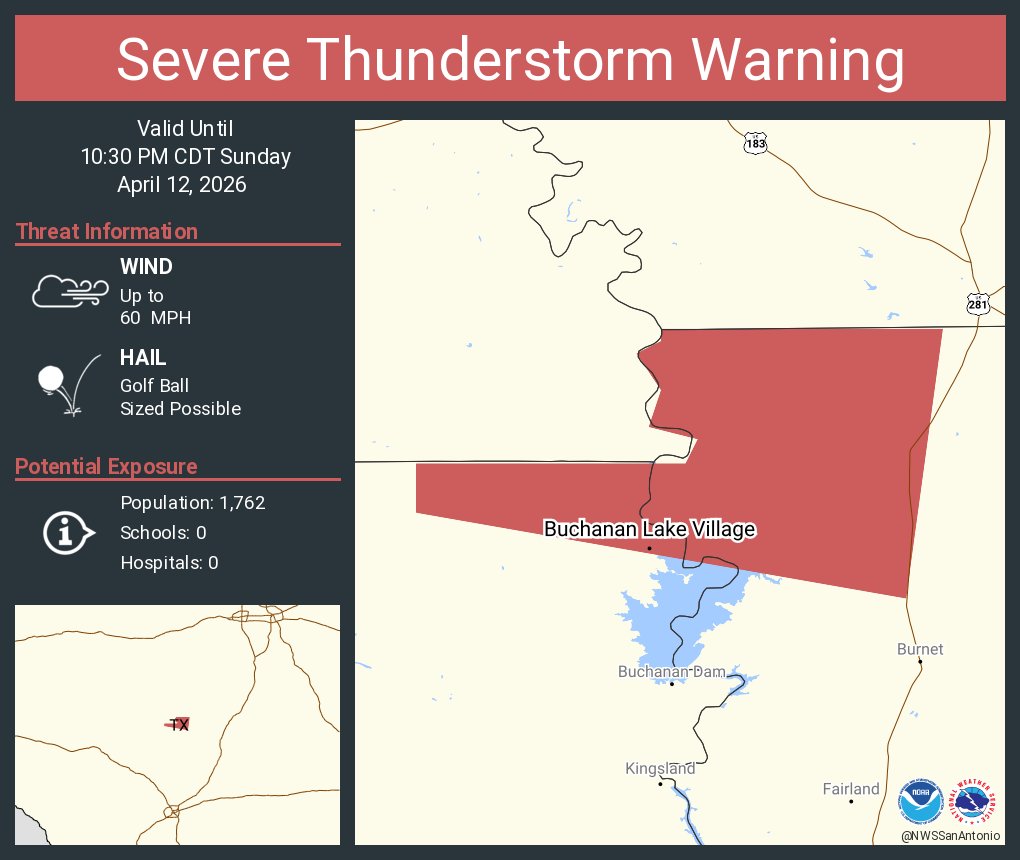 Severe Thunderstorm Warning including Buchanan Lake Village TX until 10:30 PM CDT. This storm will contain golf ball sized hail!