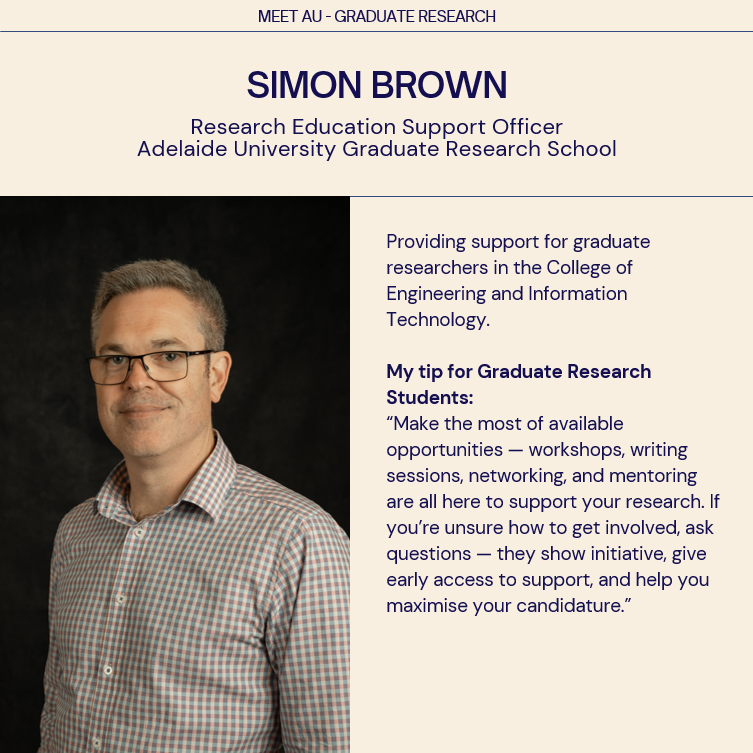 AUGradSchool's tweet photo. Next in our ‘Meet AU - Graduate Research' series!

This post features Simon Brown, Research Education Support Officer from the Adelaide University Graduate Research School.

Stay tuned as we meet more GR support staff from across AU!

#MeetAU #GraduateResearch #AUGRS https://t.co/ZAnRPXQ3h3