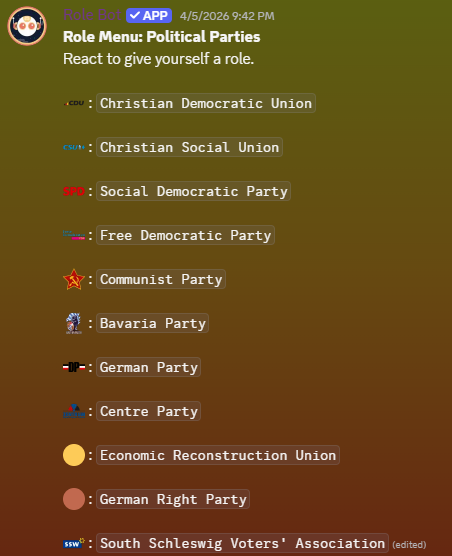 GermanyMockGov's tweet photo. While the relaunch isn't *today* you can get ready for it to launch. You can join the discord server now and select from 11 starting political parties. Then discuss or hold leadership elections to get elect a leader. https://t.co/ObkPHr6sMq