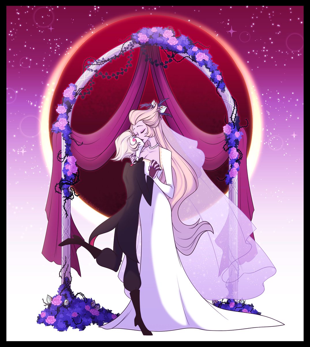 I had an idea for this piece and wanted to draw it out :> I imagine their wedding was quite the grand affair 

#hazbinhotellilith #hazbinhotellucifer #Lucililith #Lucilith #hazbinhotel #Lucifermorningstar #Lilithmorningstar