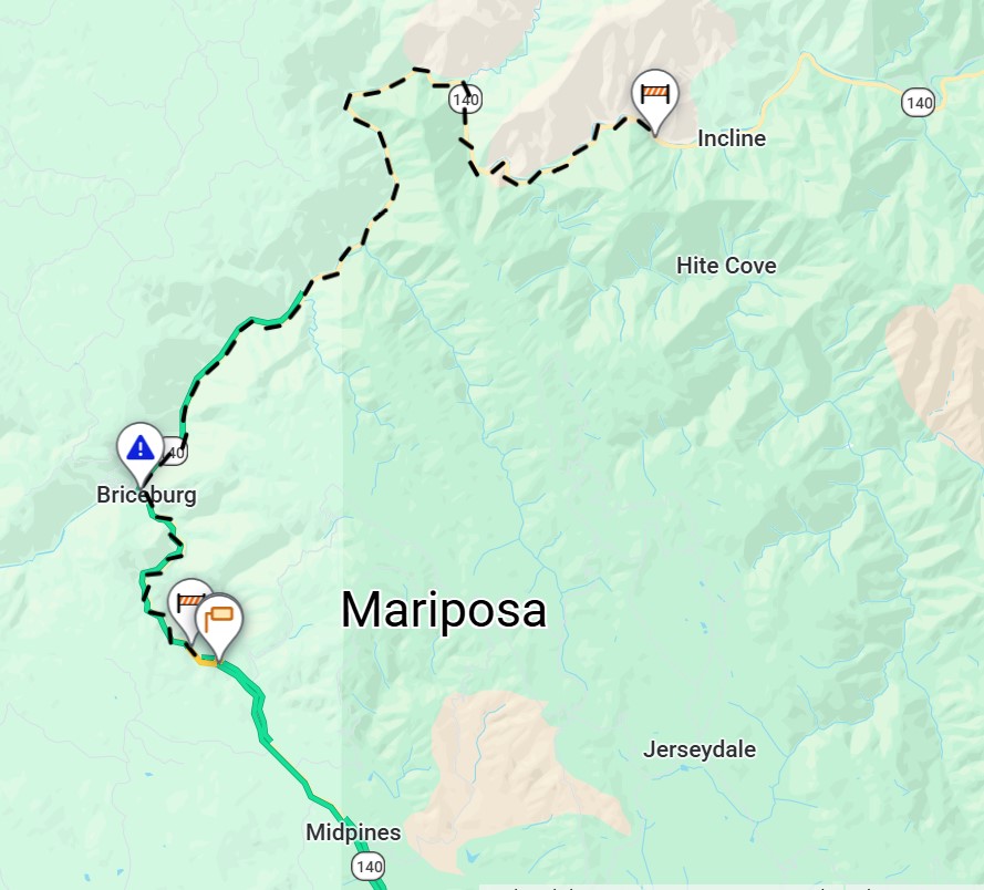CaltransDist10's tweet image. #TrafficUpdate #MariposaCounty SR-140 will remain closed overnight from Bear Creek Bridge to Cedar Lodge for continued rock slide removal. No ETO at this time. Motorists should seek alternate route. For continued traffic and closure information in real-time, always use #QuickMap