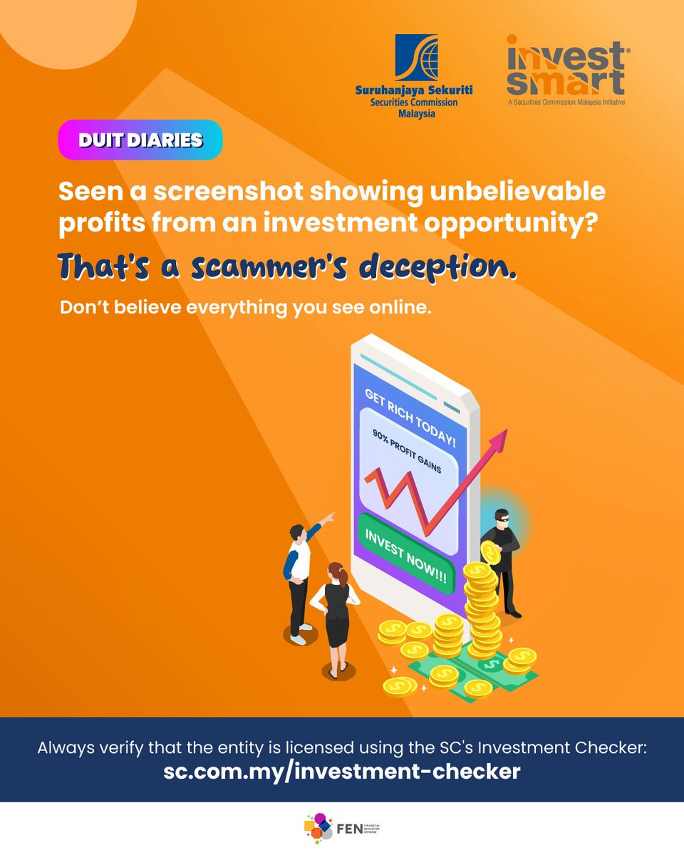 InvestSmart_SC's tweet photo. 🚩 Screenshots of huge profits and success stories can be easily manipulated by scammers. Before you invest, always verify if the platform or individual is licensed with the SC.

🔗 The SC’s Investment Checker: https://t.co/dQH69JklAB

#InvestSmart https://t.co/W5QdrGE5fu