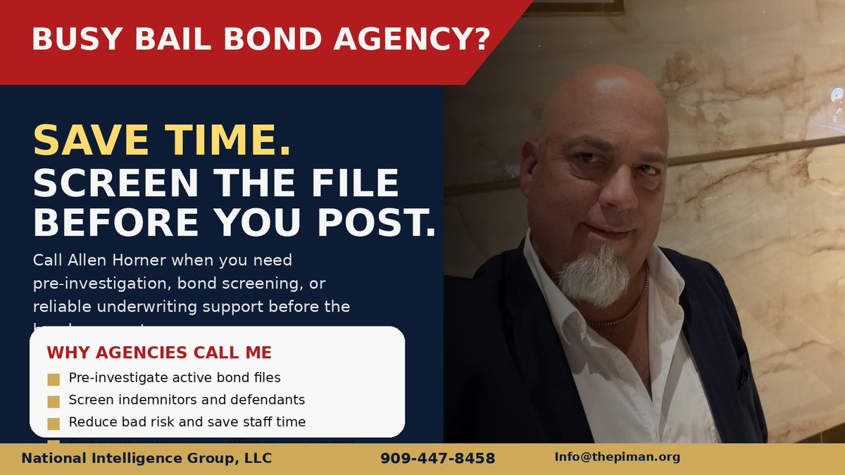 Bail bond agencies move fast, and sometimes there is not enough time in the day to fully screen every file before posting.

That is why I offer underwriting support and pre-investigation services for busy bail offices that need experienced backup. I help review bond files, screen