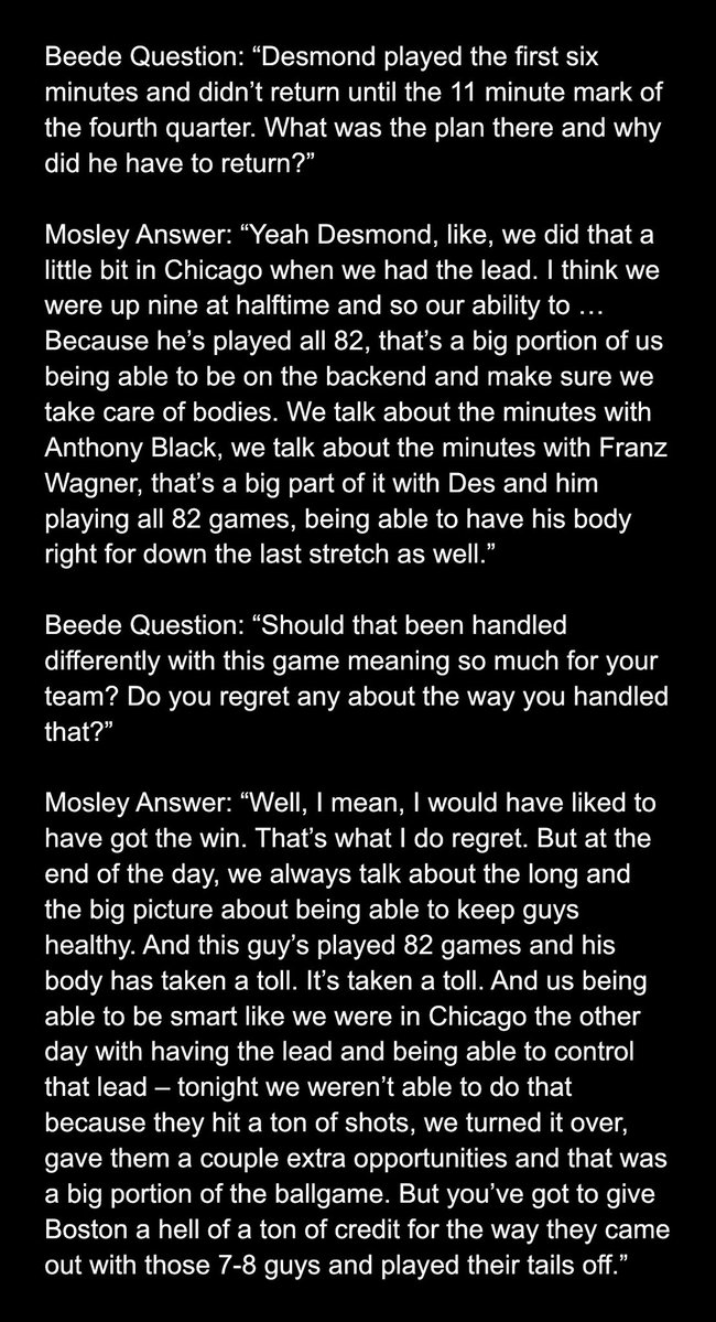 therealBeede's tweet image. I asked #Magic coach Jamahl Mosley about Desmond Bane’s minutes at Boston, the plan there, whether that should have been handled differently and if he regrets anything about the way it was handled: